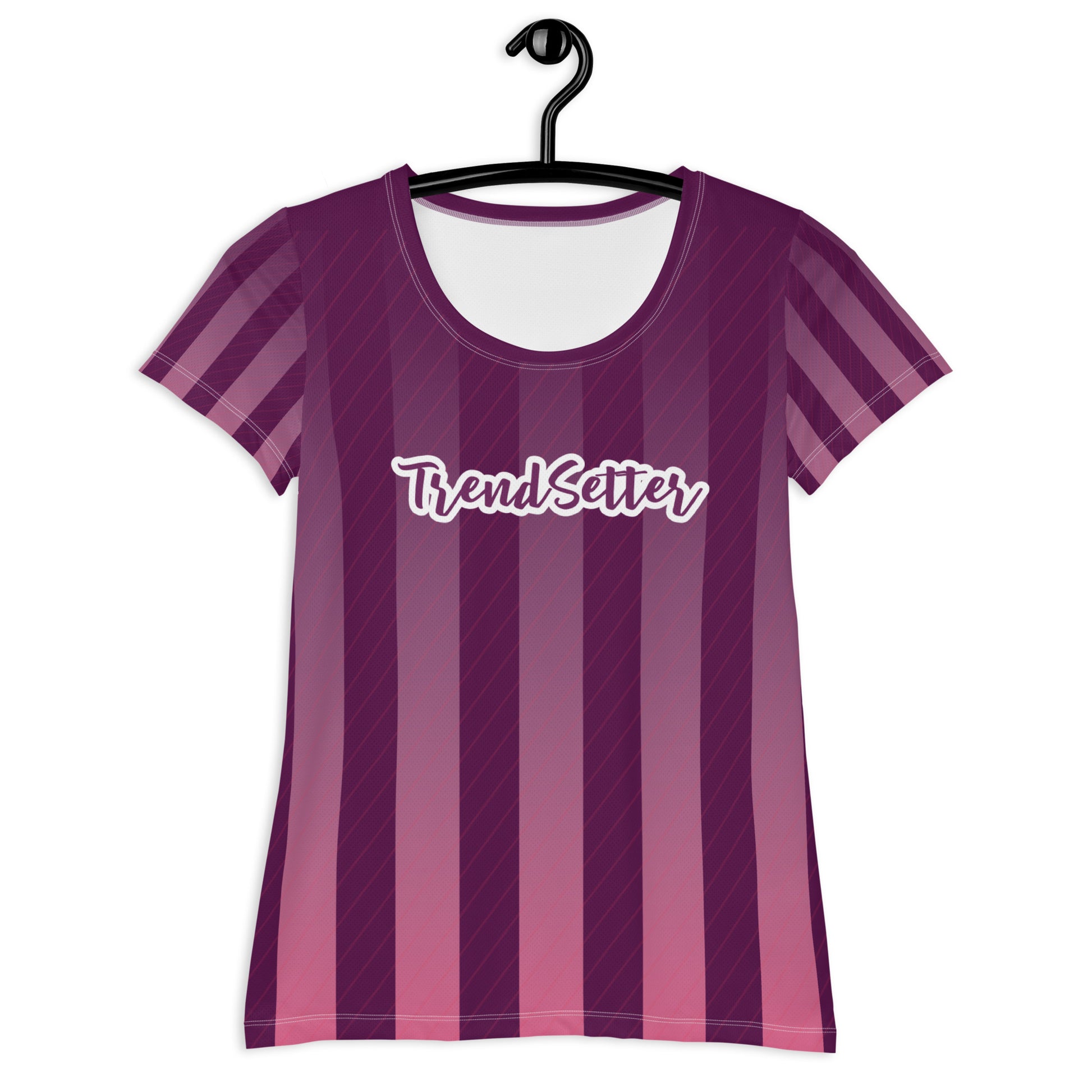 Front of purple and white t-shirt and purple and white text saying 'TrendSetter'