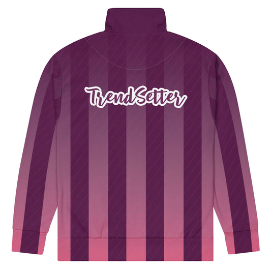 Back of purple and white track jacket and purple and white text saying 'TrendSetter' across the back