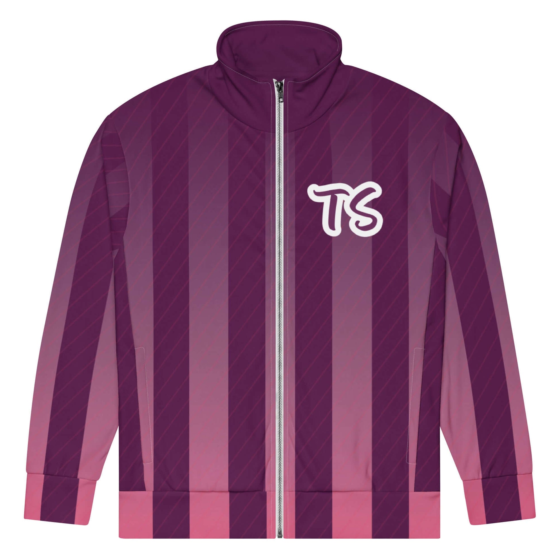 Front of purple and white track jacket and purple and white text saying 'TS' on top left