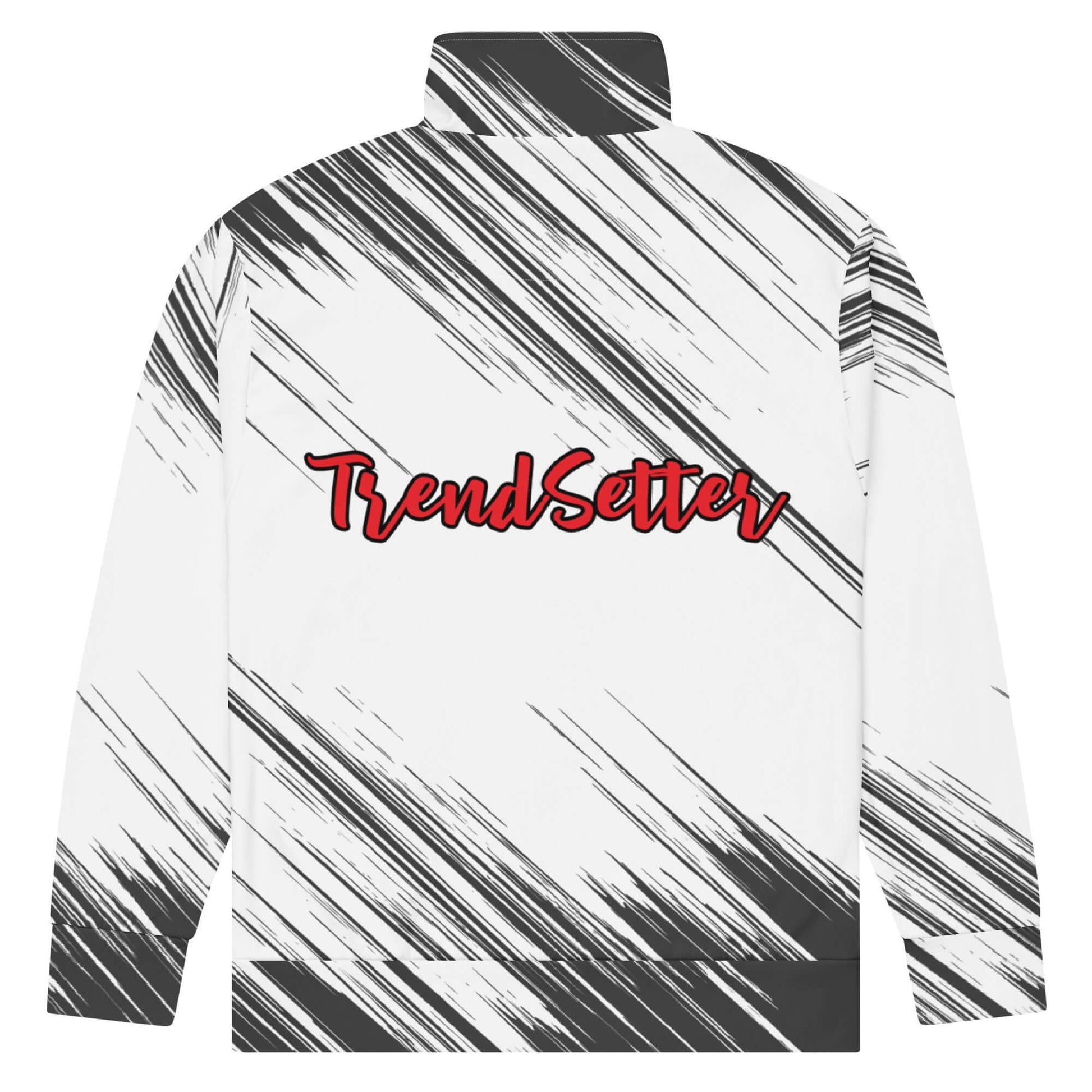 Back of a red, black, and white track jacket with red text that says 'TrendSetter' across the back