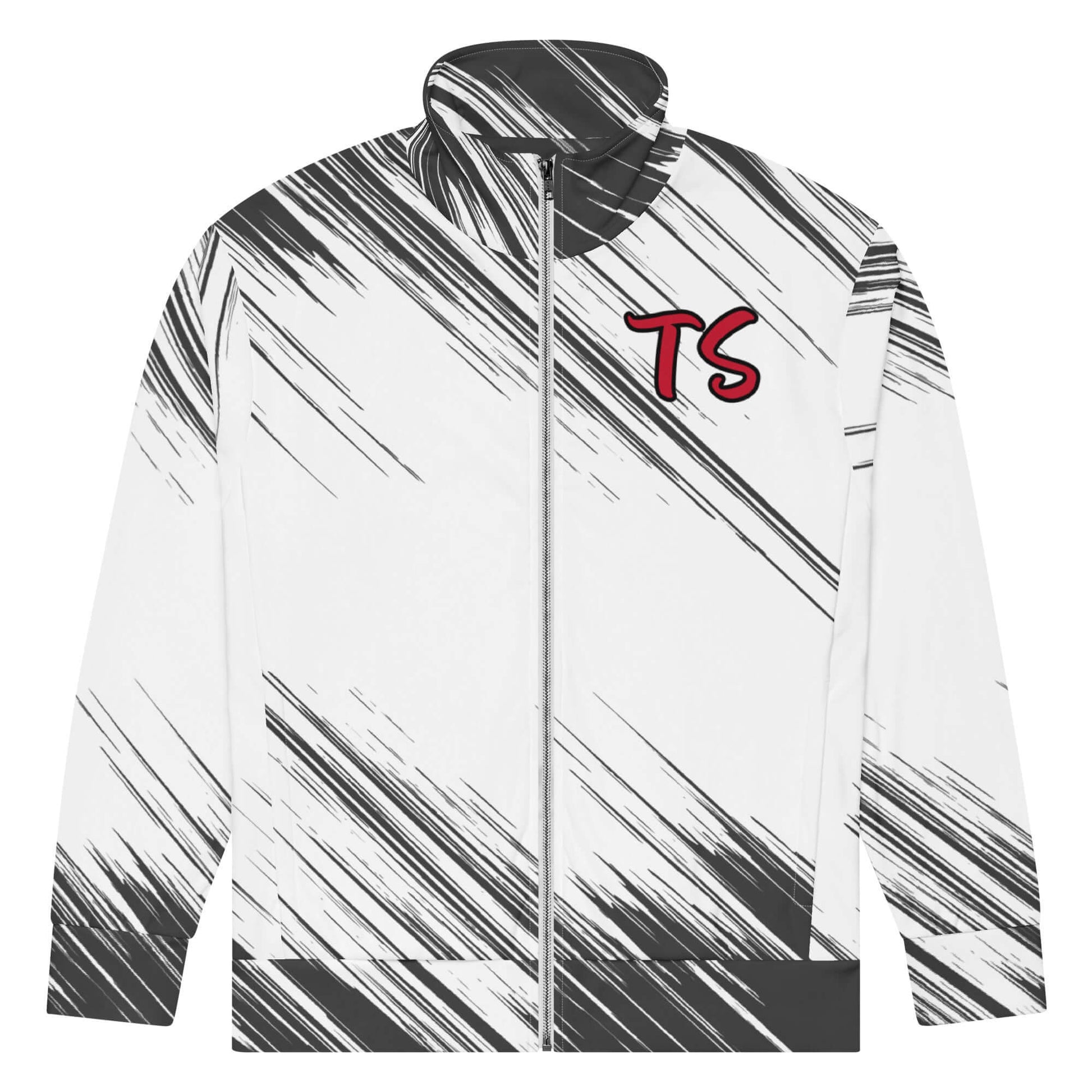 Front of a red, black, and white track jacket with red text saying 'TS' on the upper left side