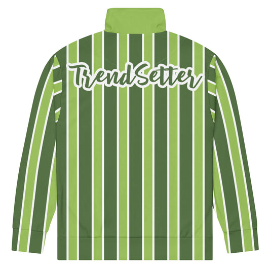 Back of TrendSetter green and white track jacket and green and white text saying 'TrendSetter' across the back