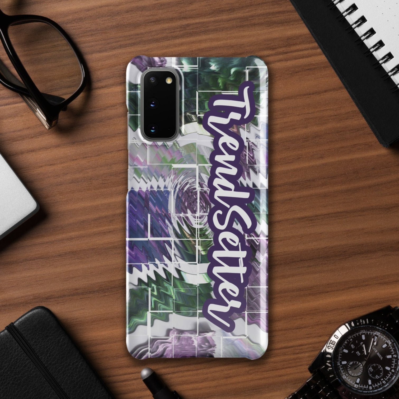 Front of Trendsetter snap case for Samsung with purple, green, and white abstract cover and text saying 'TrendSetter'