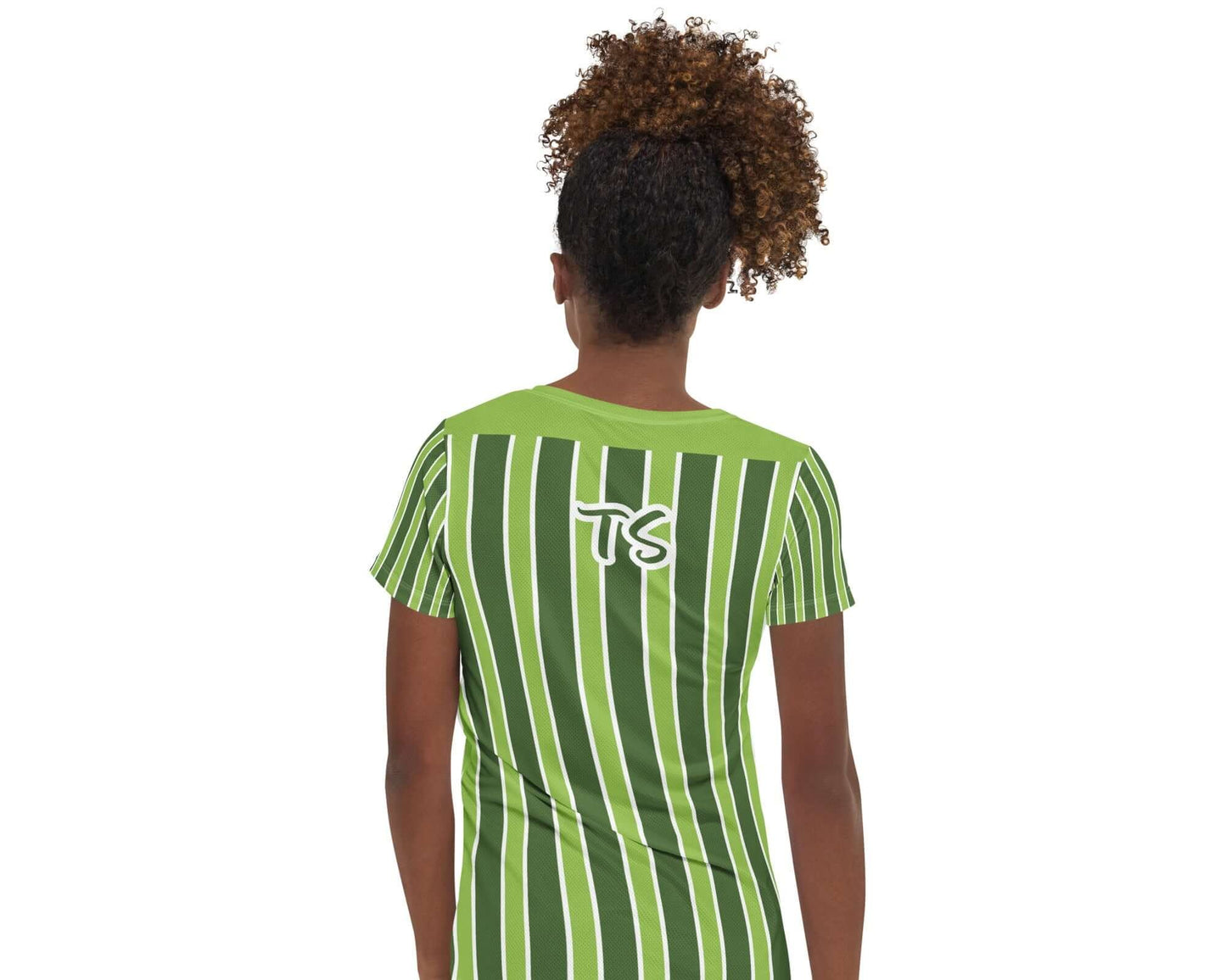 Back of TrendSetter green and white t-shirt with and green and white text saying 'TS' 