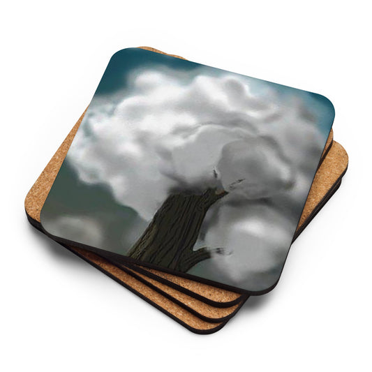 Cork back coaster cover in a blue, brown, and orange cloud and tree image