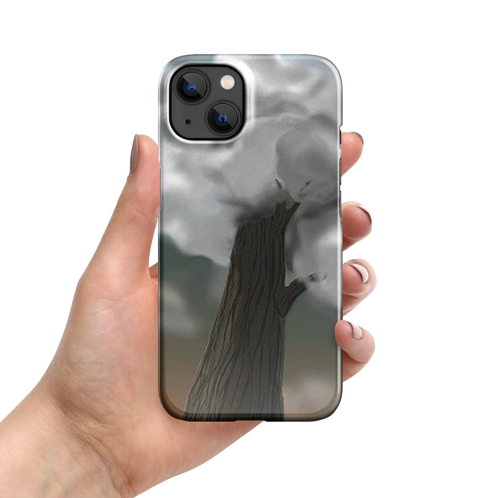 Front of iPhone 13 snap case with image of a brown tree with gray clouds as the foliage