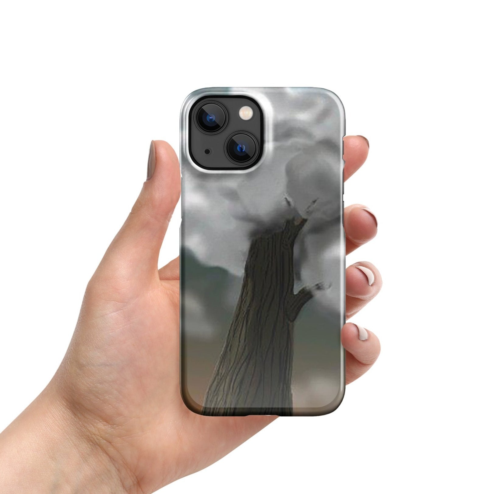 Front of iPhone 13 mini snap case with image of a brown tree with gray clouds as the foliage