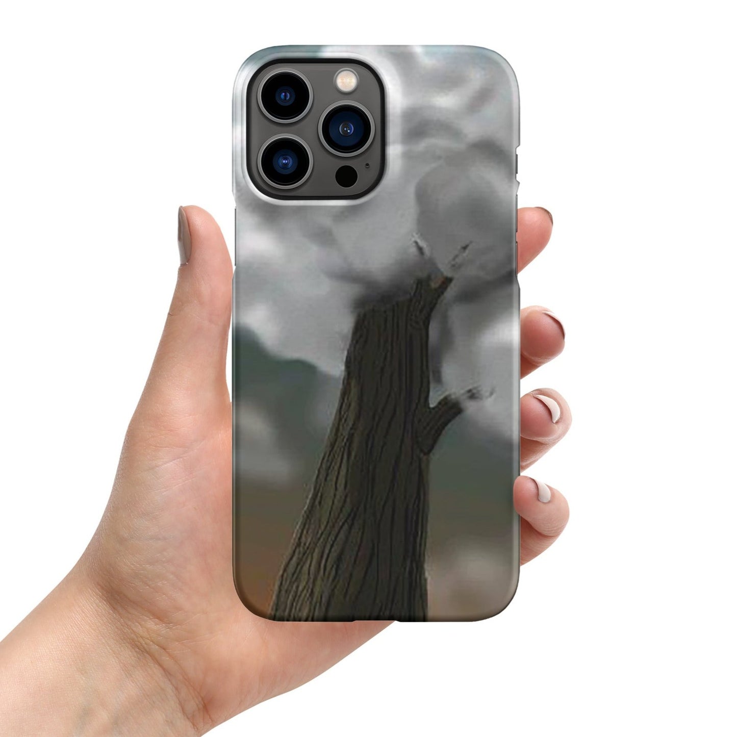 Front of iPhone 13 pro snap case with image of a brown tree with gray clouds as the foliage