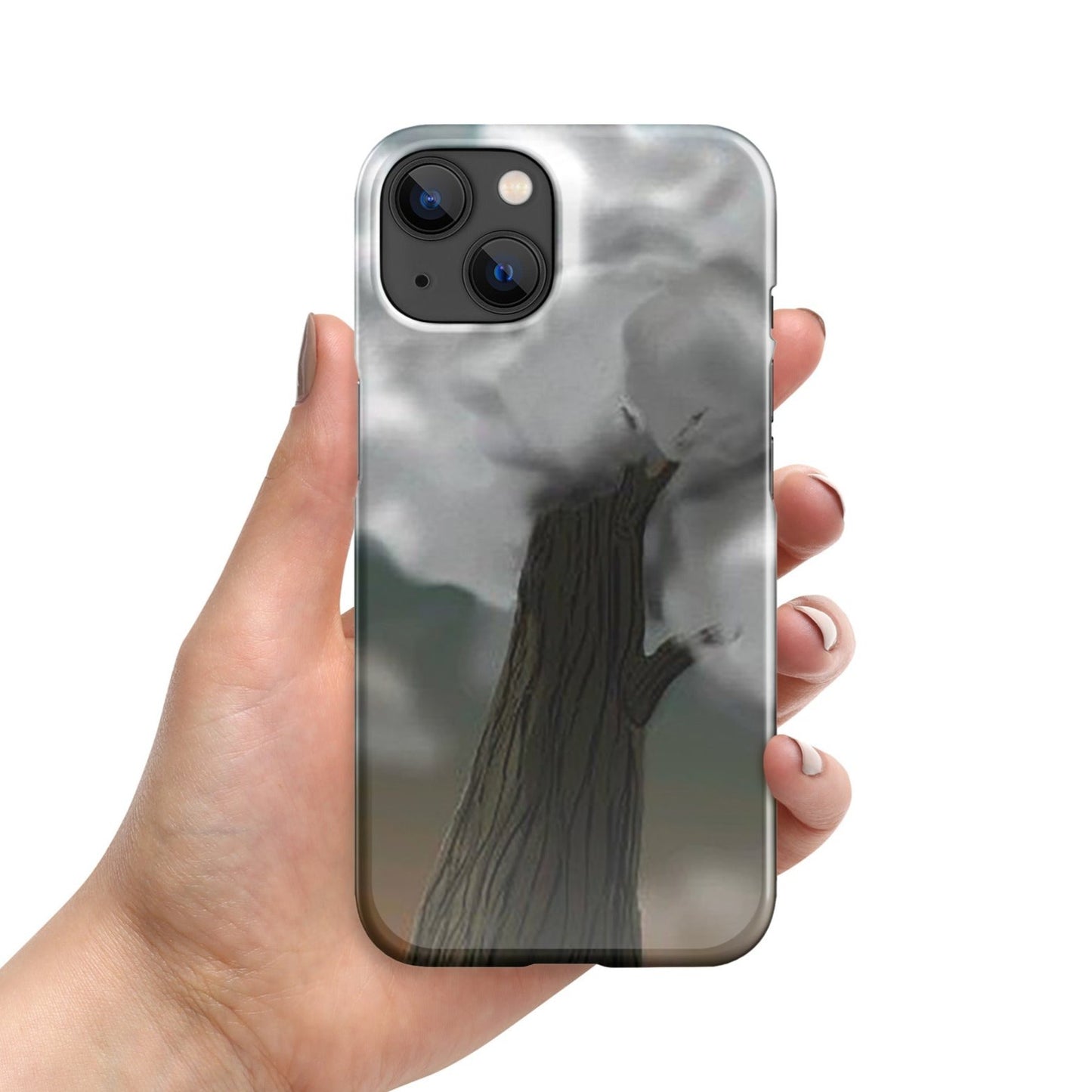 Front of iPhone 14 snap case with image of a brown tree with gray clouds as the foliage