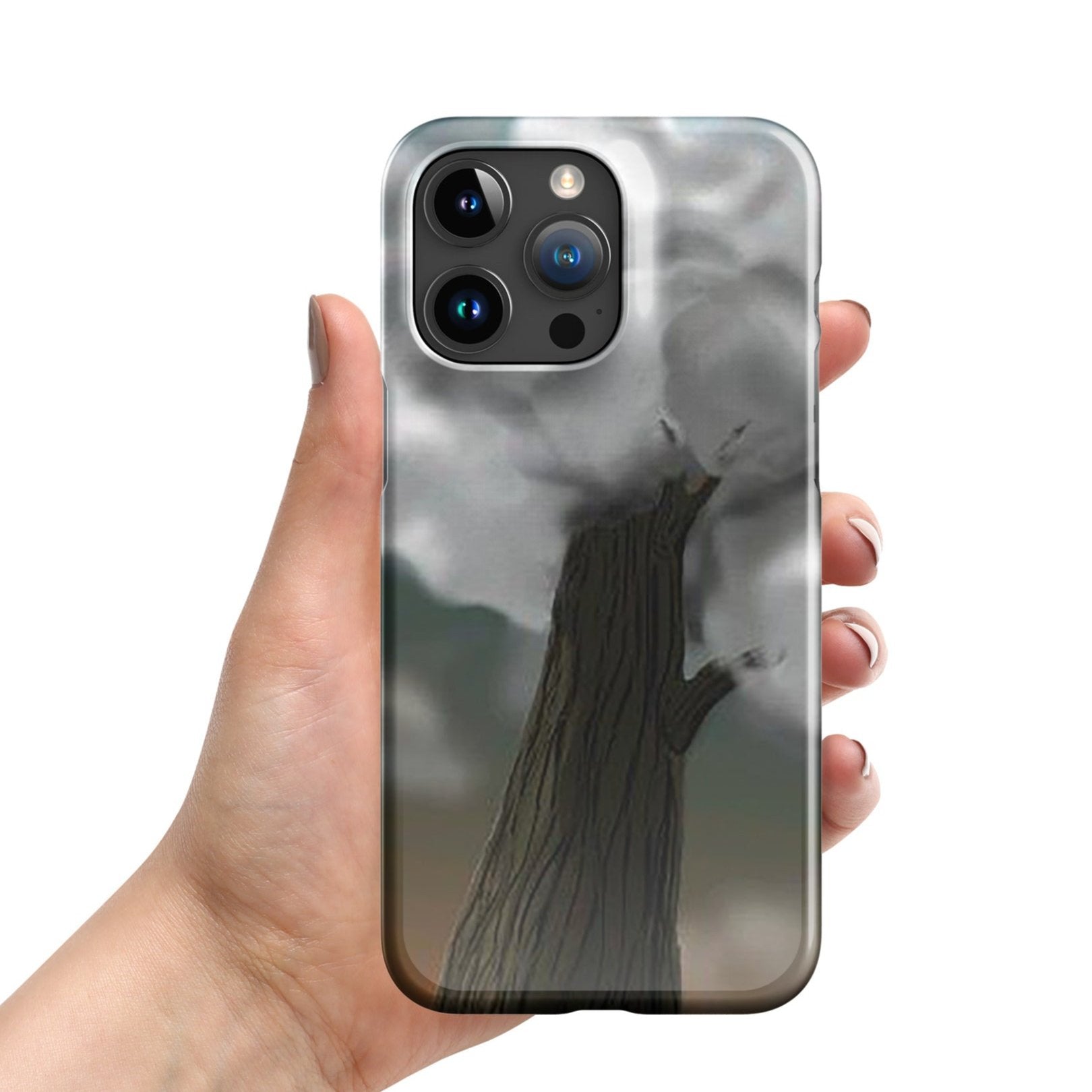 Front of iPhone 15 pro snap case with image of a brown tree with gray clouds as the foliage