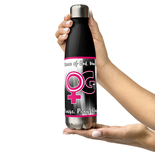 Front of black stainless steel water bottle with magenta, black and white WOG logo on black and white background with black and white text at top and bottom