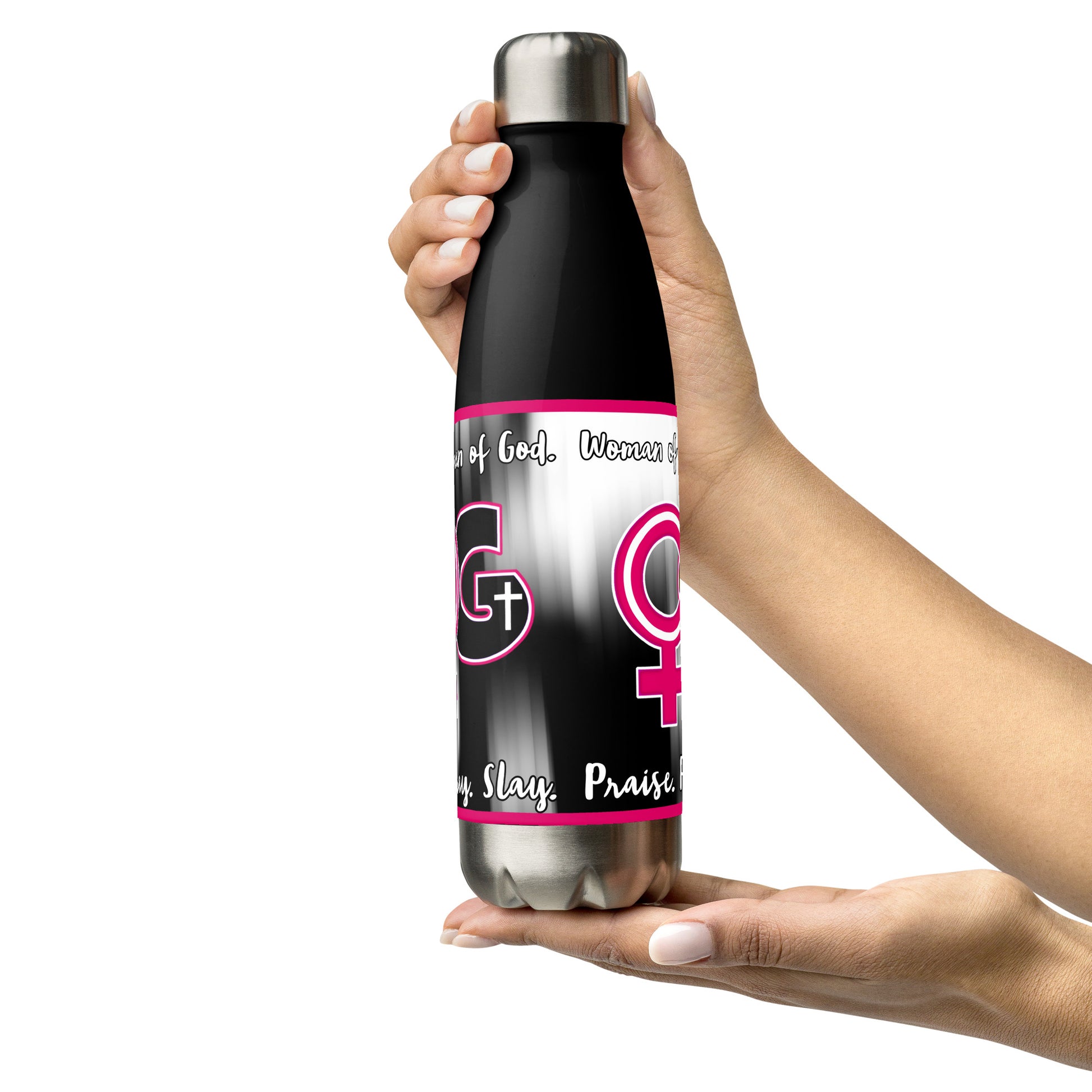 Left of black stainless steel water bottle with magenta, black and white WOG logo on black and white background with black and white text at top and bottom
