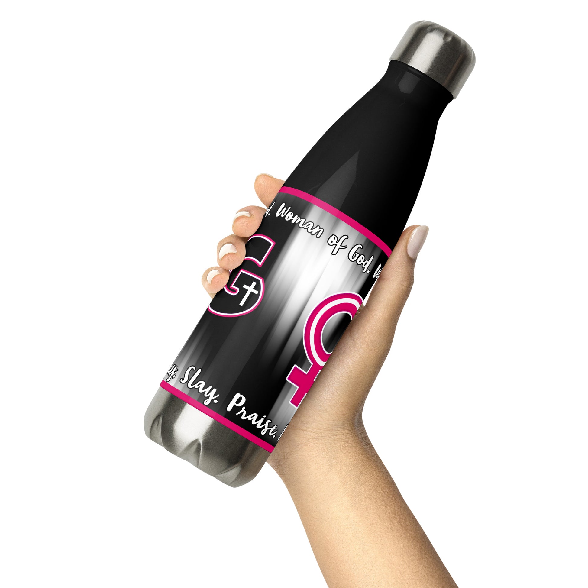 Right of black stainless steel water bottle with magenta, black and white WOG logo on black and white background with black and white text at top and bottom slanted view