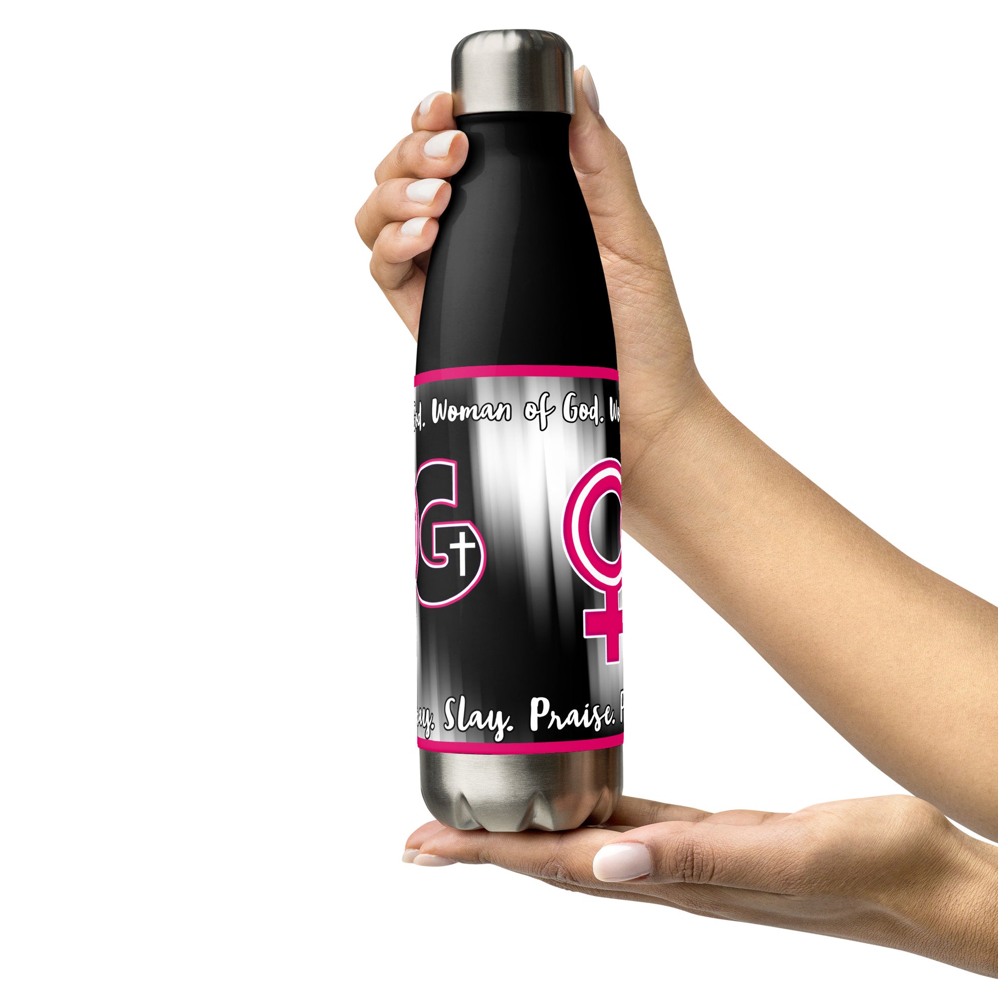 Right of black stainless steel water bottle with magenta, black and white WOG logo on black and white background with black and white text at top and bottom