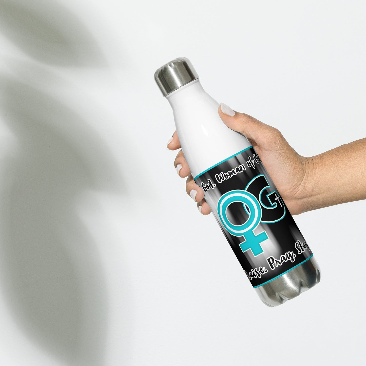 Front of white stainless steel water bottle with teal, black and white WOG logo on black and white background with black and white text at top and bottom