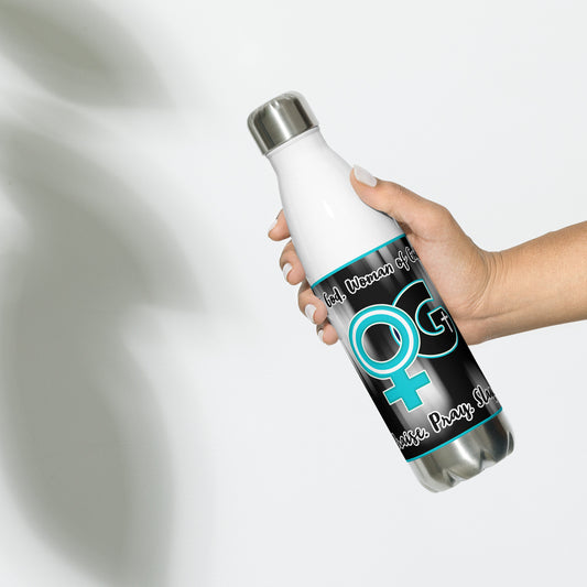 Front of white stainless steel water bottle with teal, black and white WOG logo on black and white background with black and white text at top and bottom