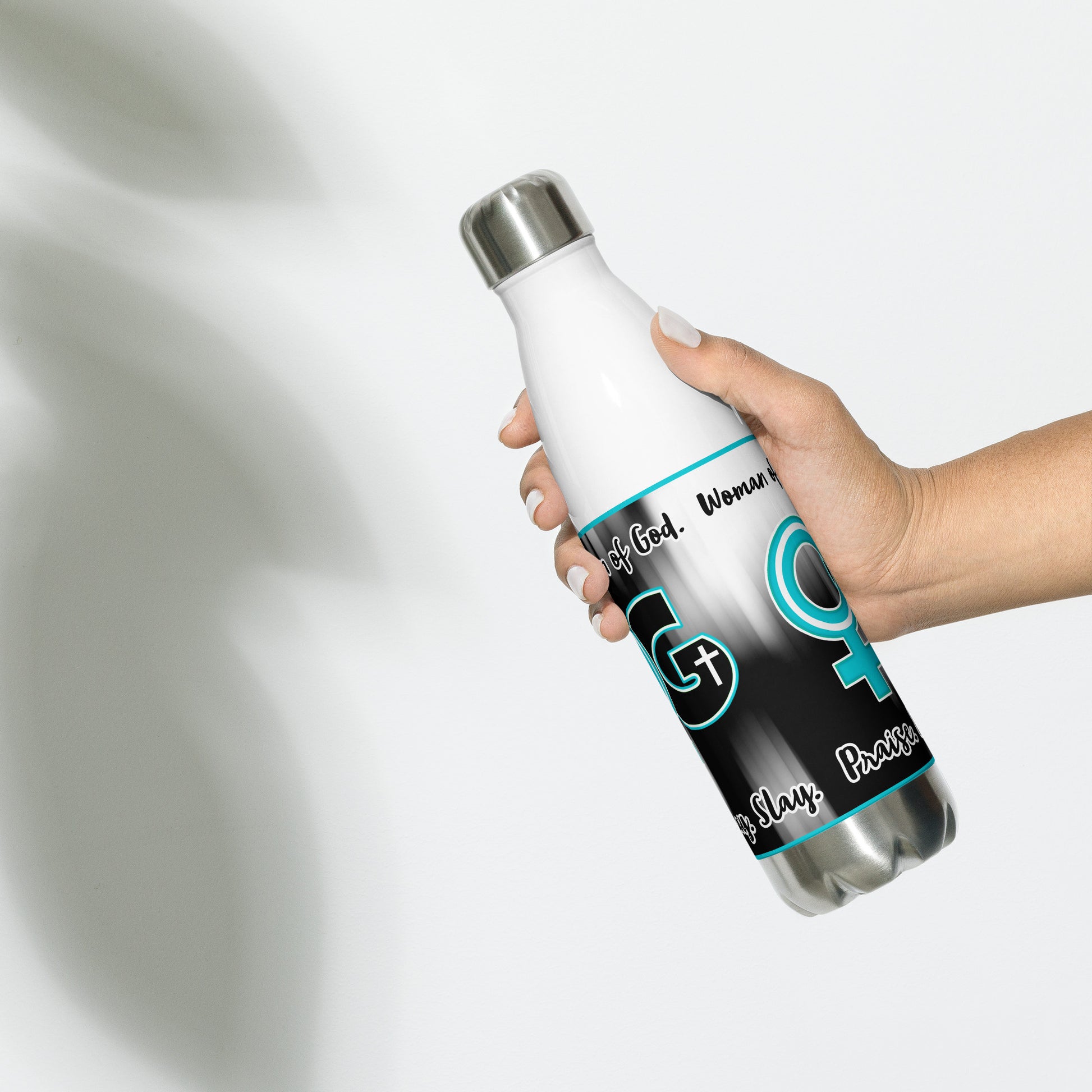 Left of white stainless steel water bottle with teal, black and white WOG logo on black and white background with black and white text at top and bottom