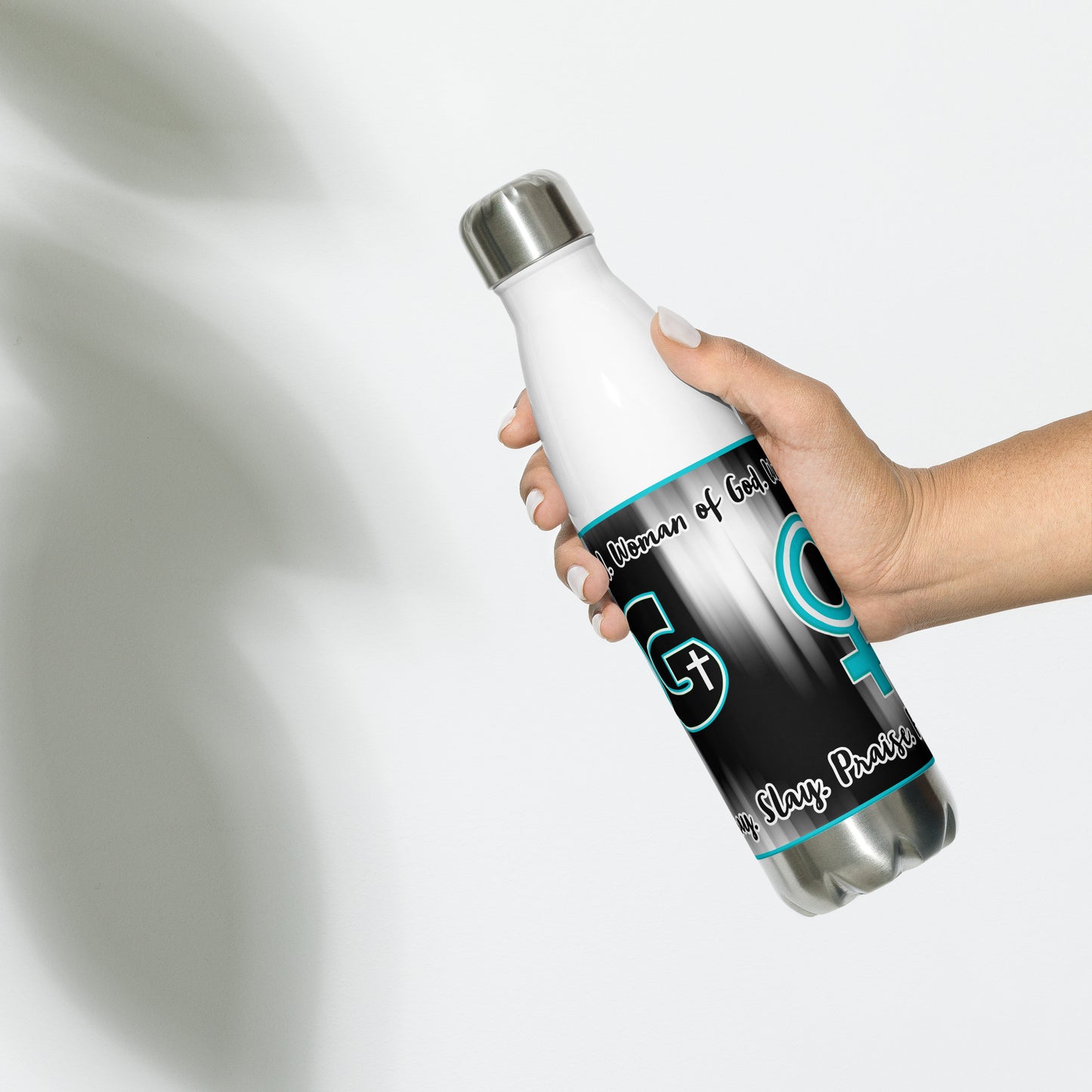 Right of white stainless steel water bottle with teal, black and white WOG logo on black and white background with black and white text at top and bottom