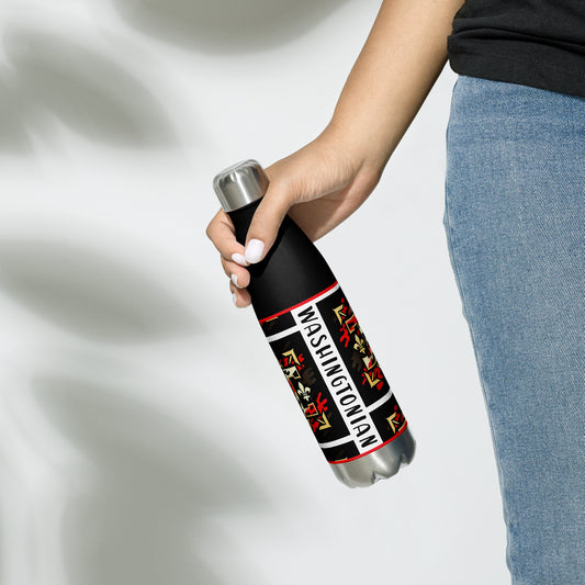 Front of black water bottle with gold red and white design and text saying 'Washingtonian' being held