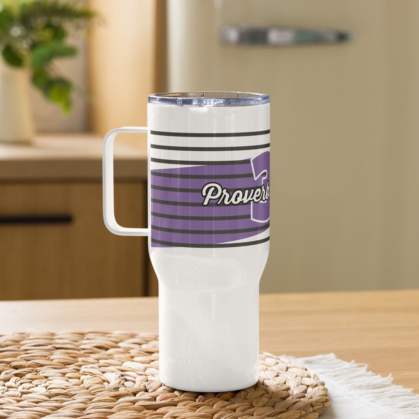 Left side view of a white 25 oz travel mug with lilac and white text saying 'Proverbs 31 Woman'