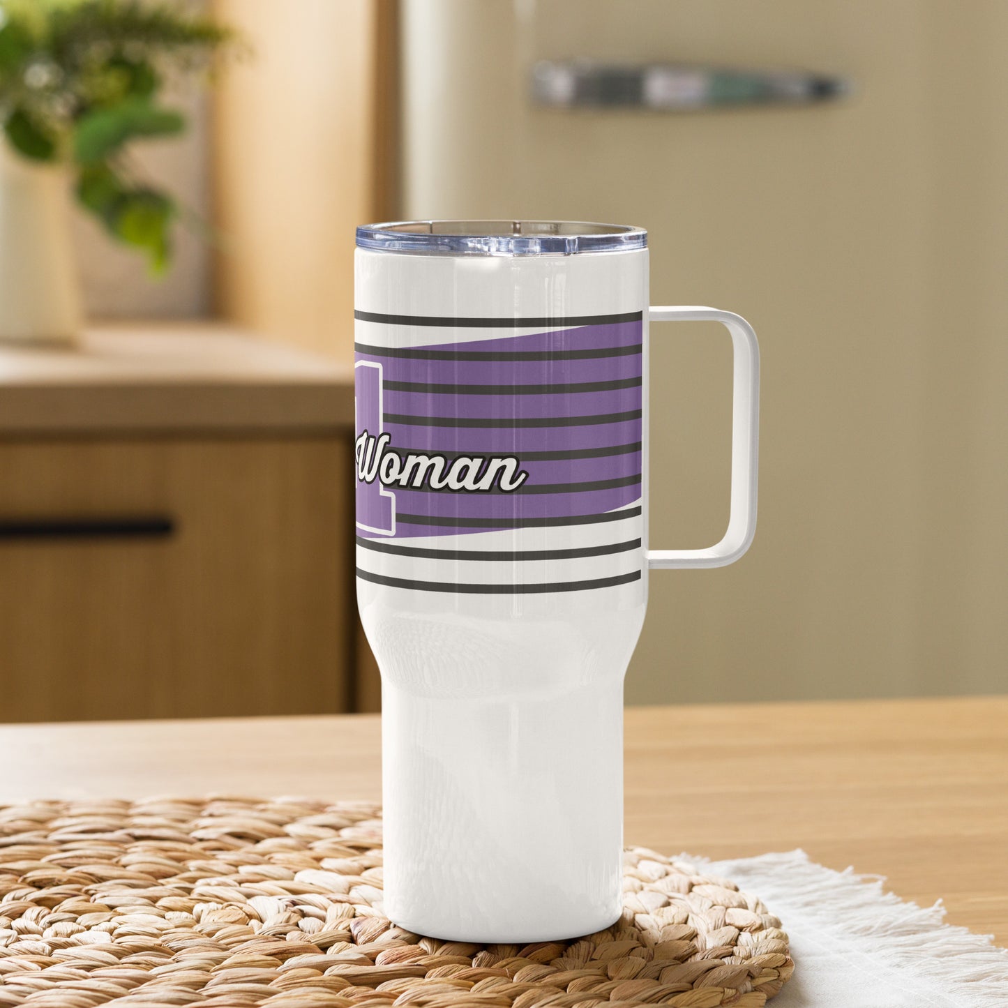 Right side view of a white 25 oz travel mug with lilac and white text saying 'Proverbs 31 Woman'