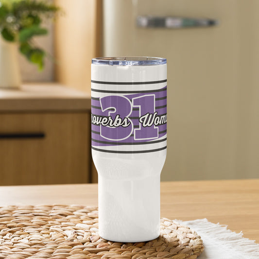 Front view of a white 20 oz travel mug with lilac and white text saying 'Proverbs 31 Woman'