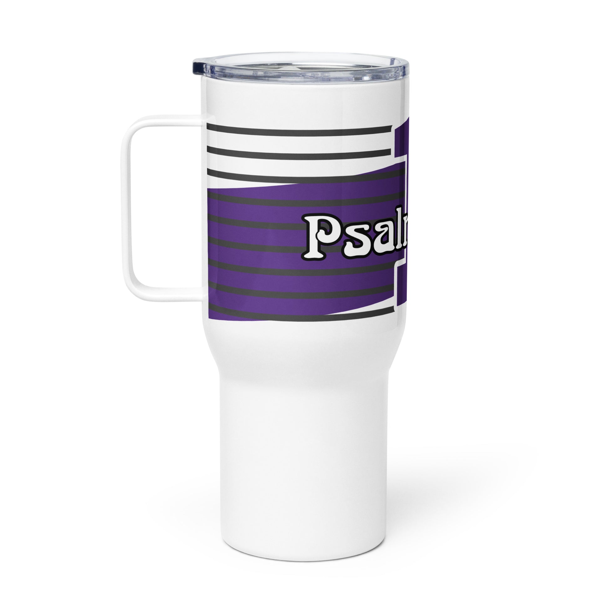 Left view of a white 25 oz travel mug with purple and white text saying 'Psalm 1 Man'