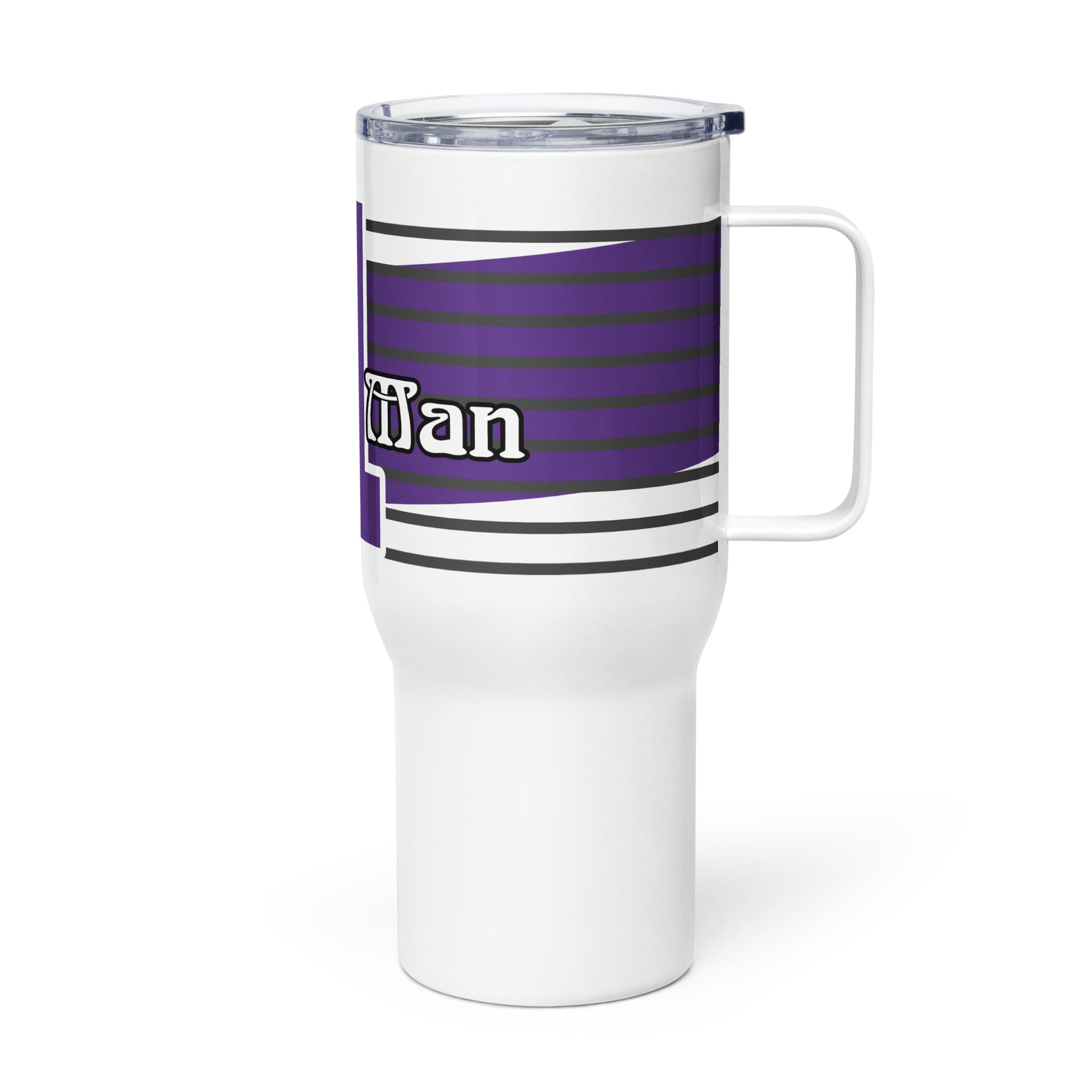 Right view of a white 25 oz travel mug with purple and white text saying 'Psalm 1 Man'