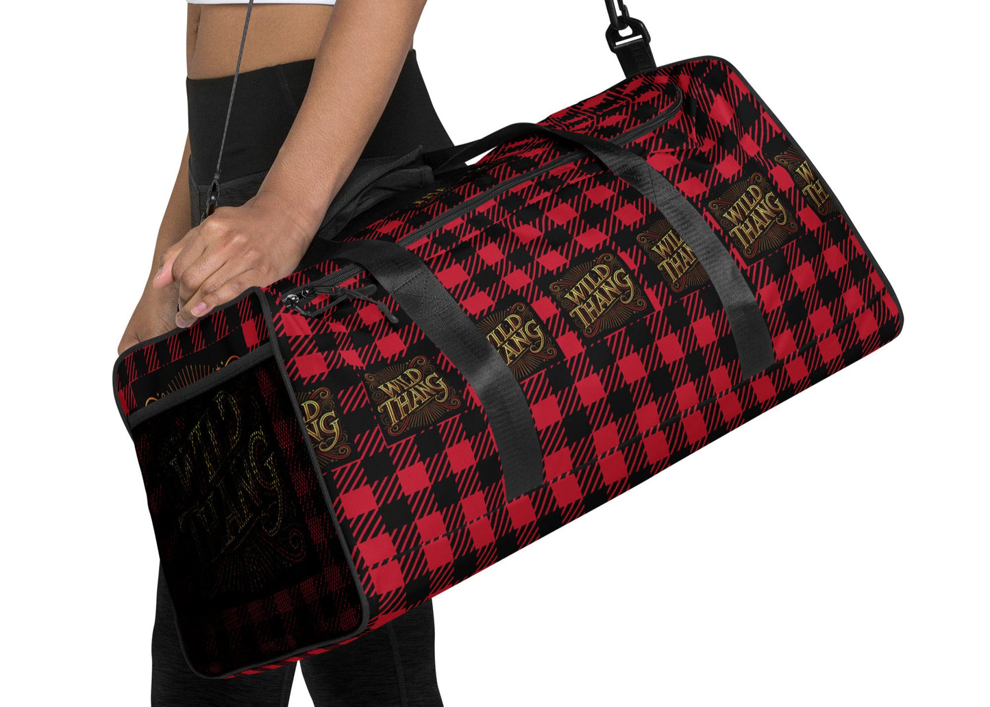 Front angle of red and black duffle back with red, black and gold icon saying 'Wild Thang'
