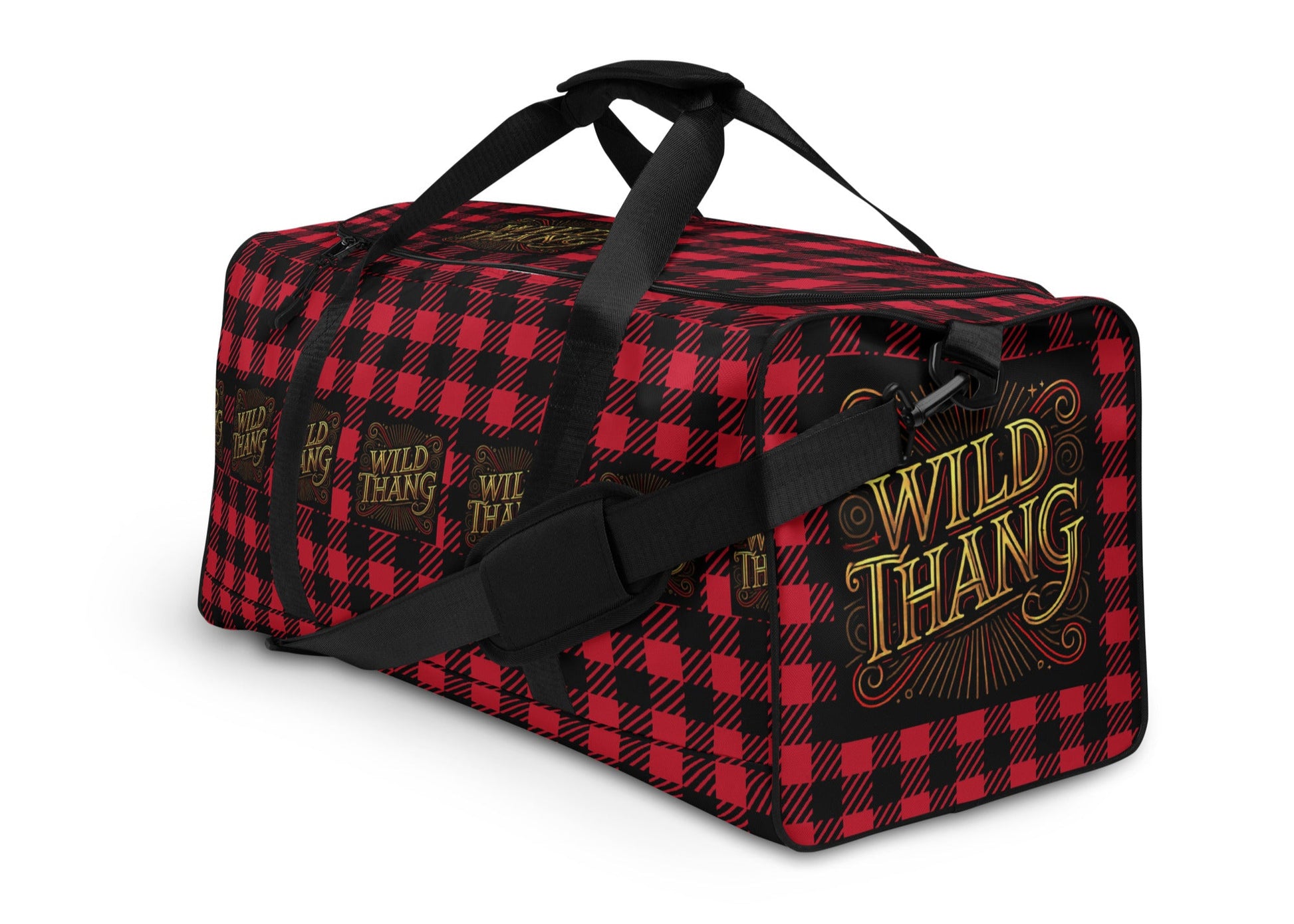 Left front of red and black duffle back with red, black and gold icon saying 'Wild Thang'