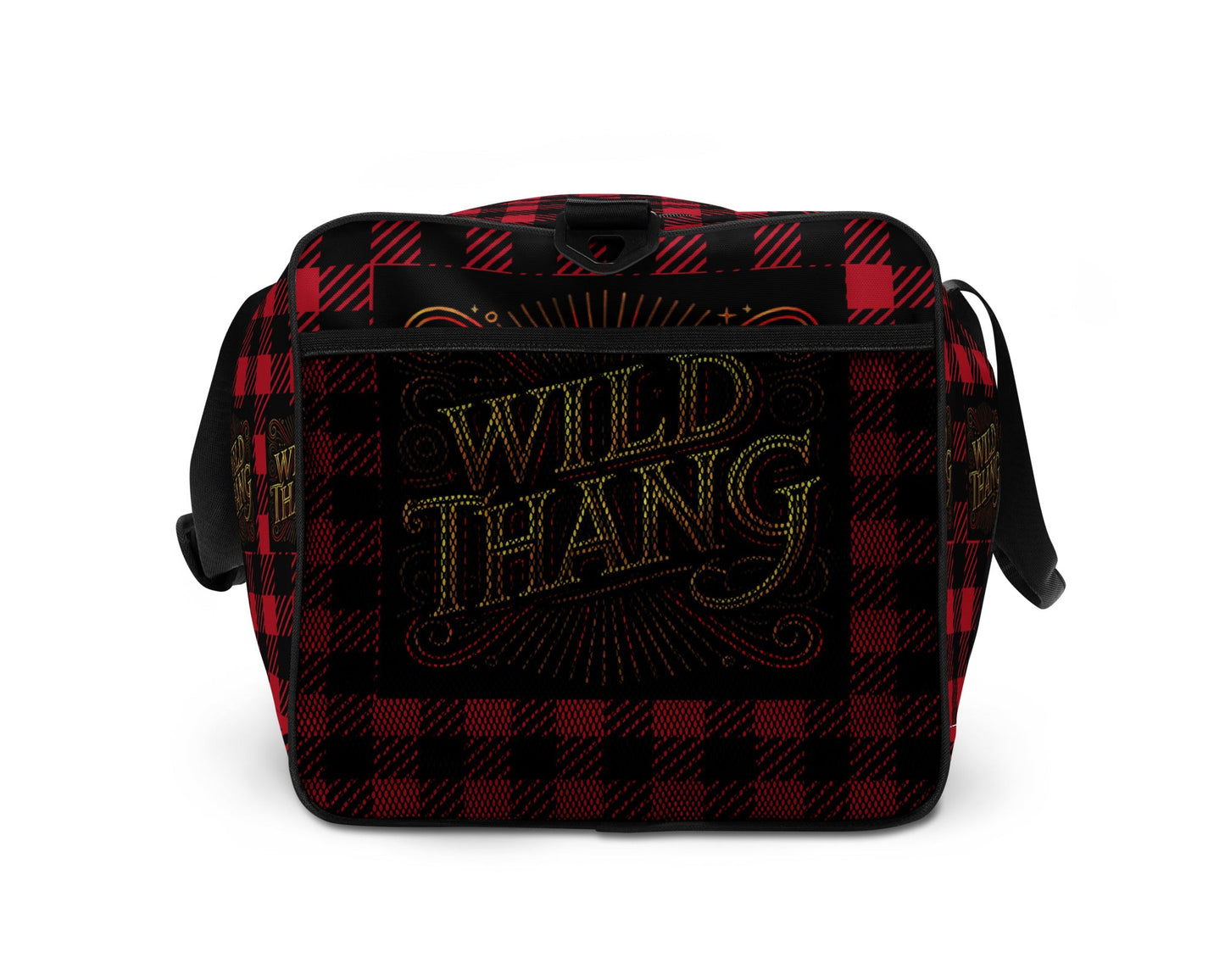 Right side of red and black duffle back with red, black and gold icon saying 'Wild Thang'