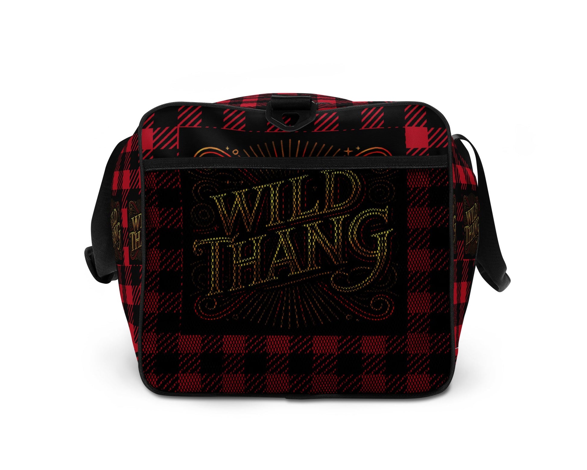 Right side of red and black duffle back with red, black and gold icon saying 'Wild Thang'