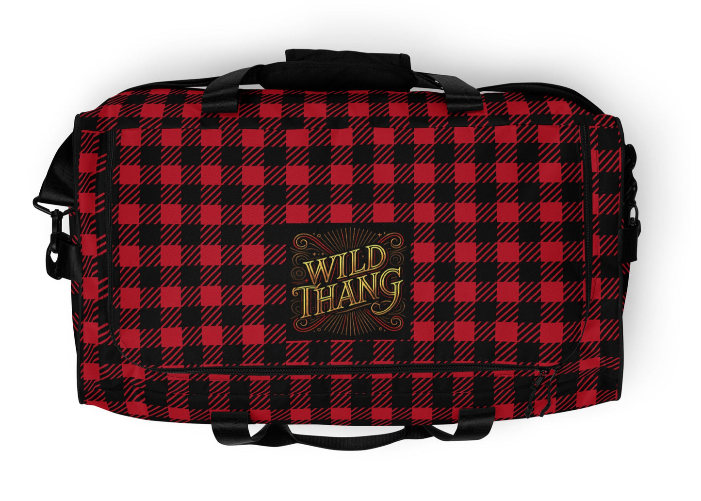 Top of red and black duffle back with red, black and gold icon saying 'Wild Thang'