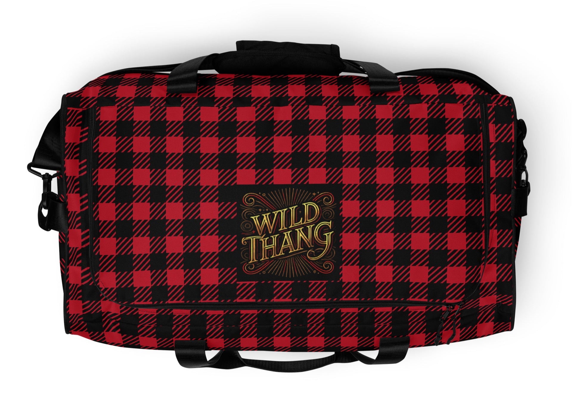 Top of red and black duffle back with red, black and gold icon saying 'Wild Thang'