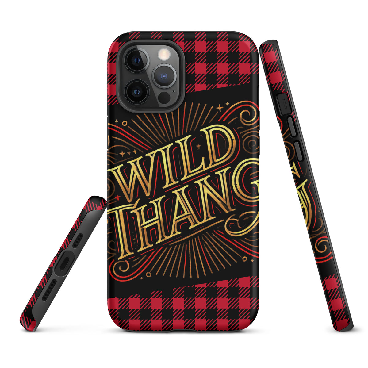 Front of iPhone 12 pro phone case with black and white plaid background and icon saying 'Wild Thang'