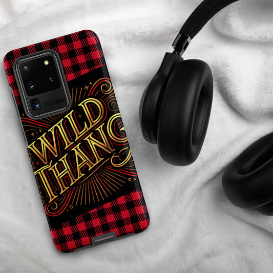 Front of Samsung S20 ultra phone case with black and white plaid background and icon saying 'Wild Thang'
