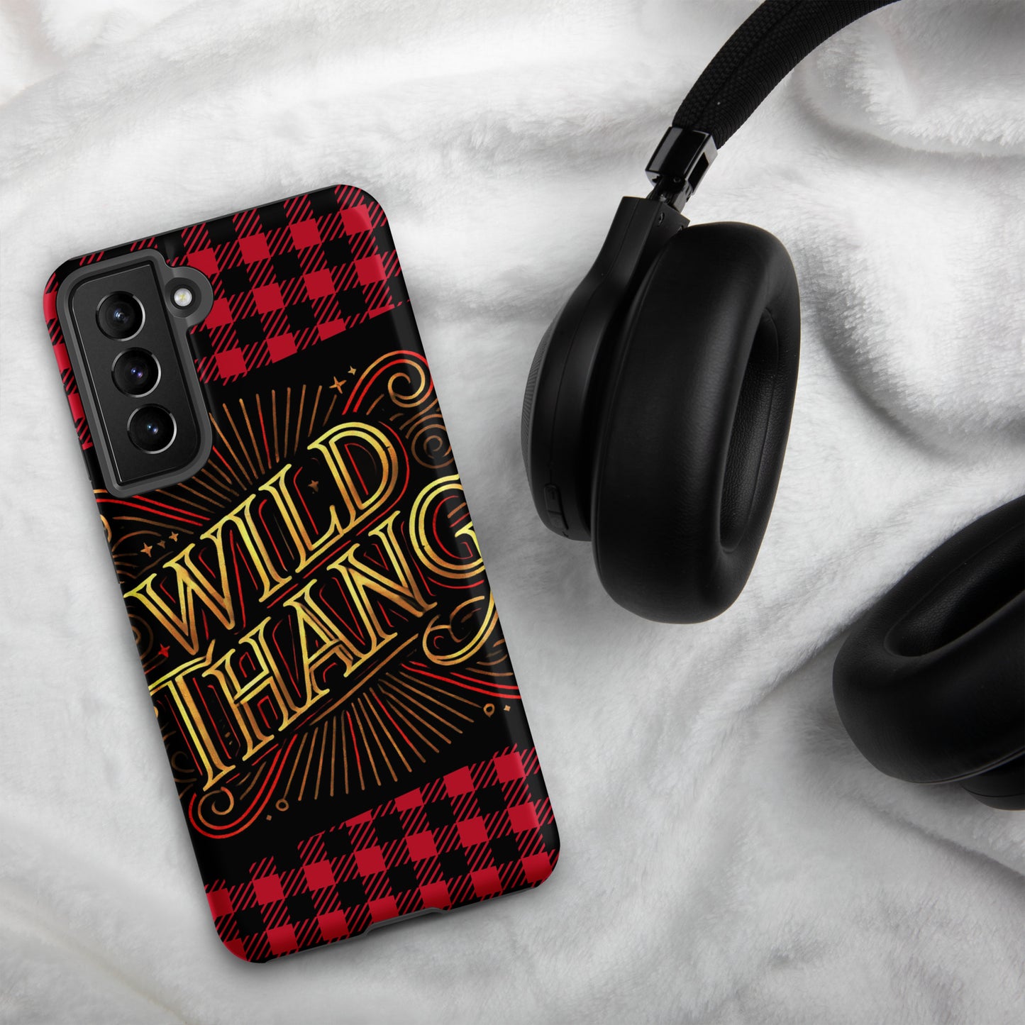 Front of Samsung S21 phone case with black and white plaid background and icon saying 'Wild Thang'