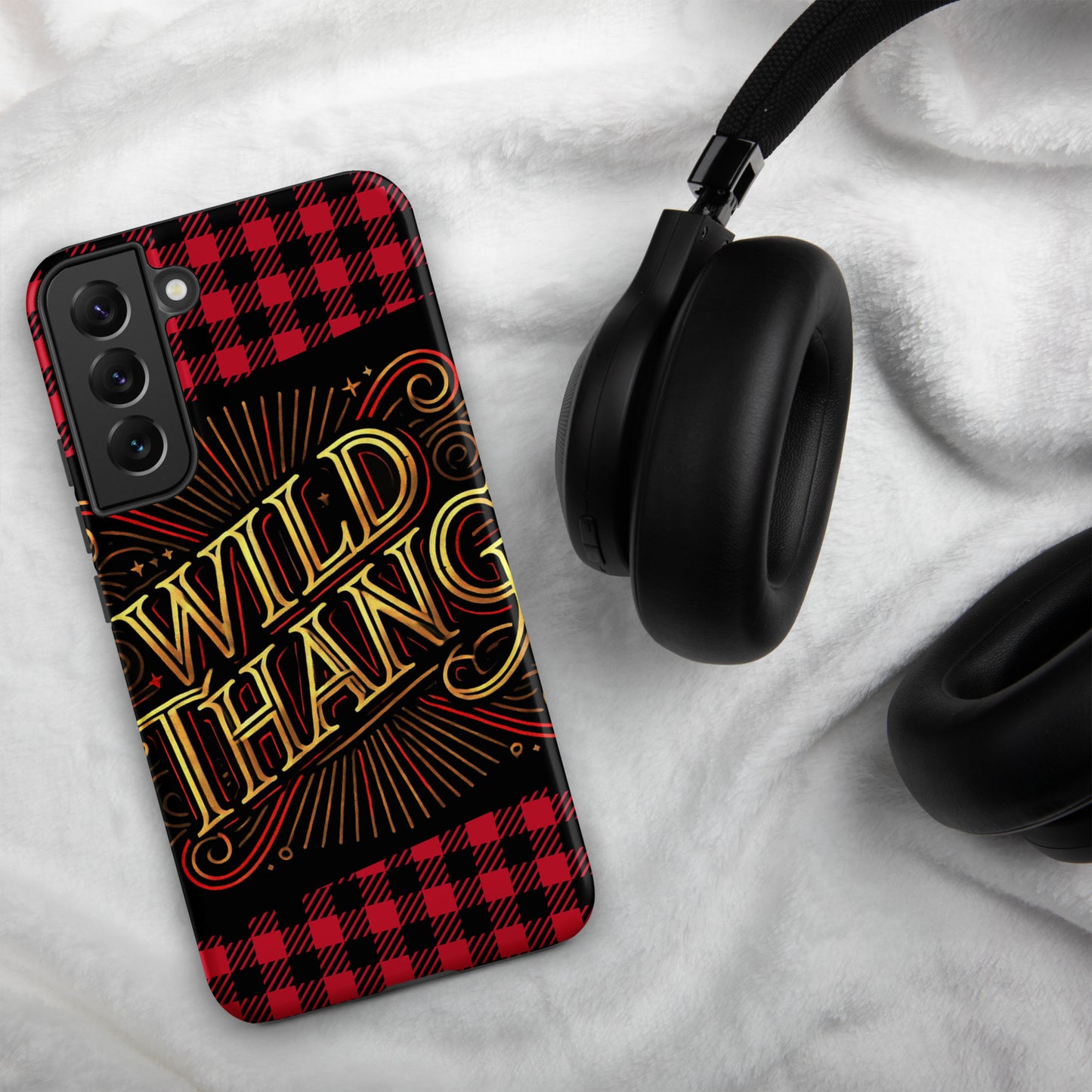 Front of Samsung S22 plus phone case with black and white plaid background and icon saying 'Wild Thang'