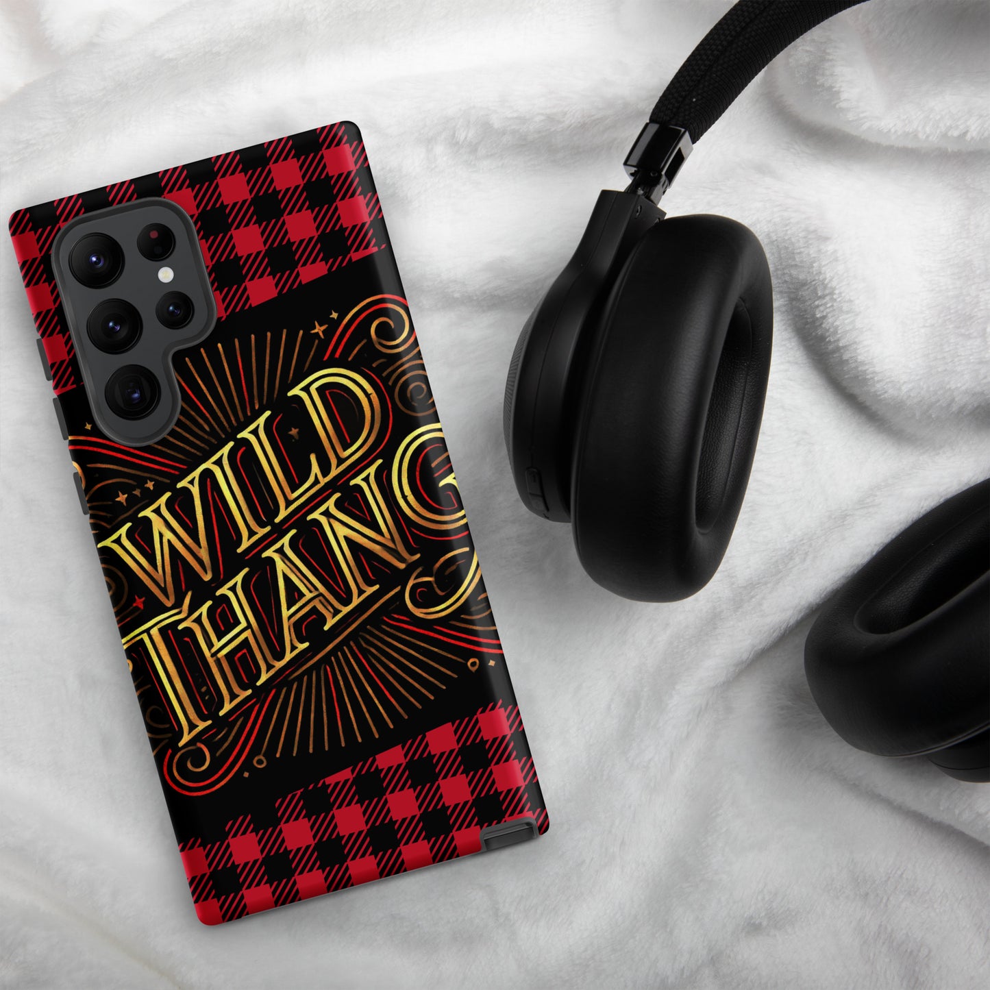 Front of Samsung S22 ultra phone case with black and white plaid background and icon saying 'Wild Thang'