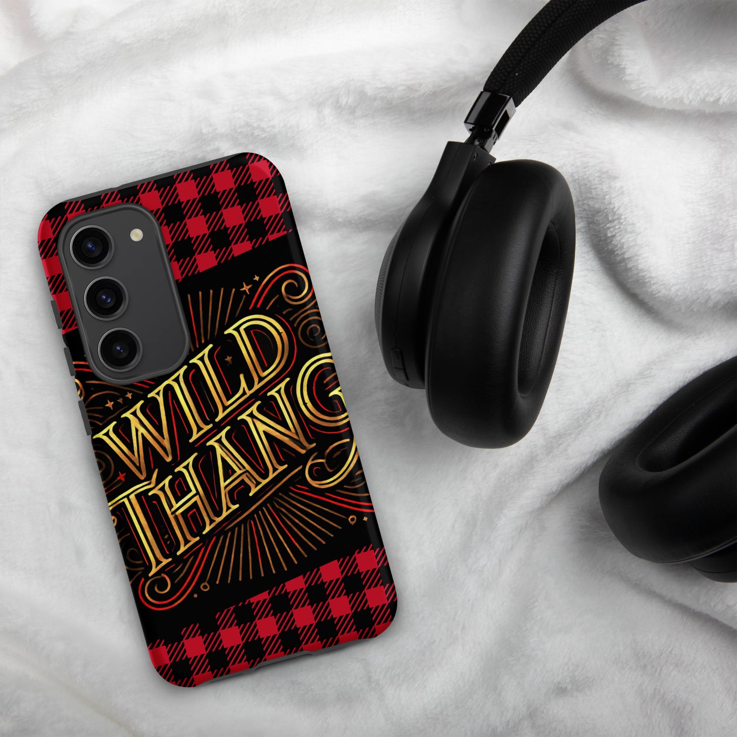Front of Samsung S23 front phone case with black and white plaid background and icon saying 'Wild Thang'