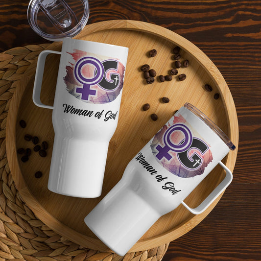 Side views of a white travel mug with a purple. pink, white, and black image representing woman of God and black text saying 'woman of God' underneath