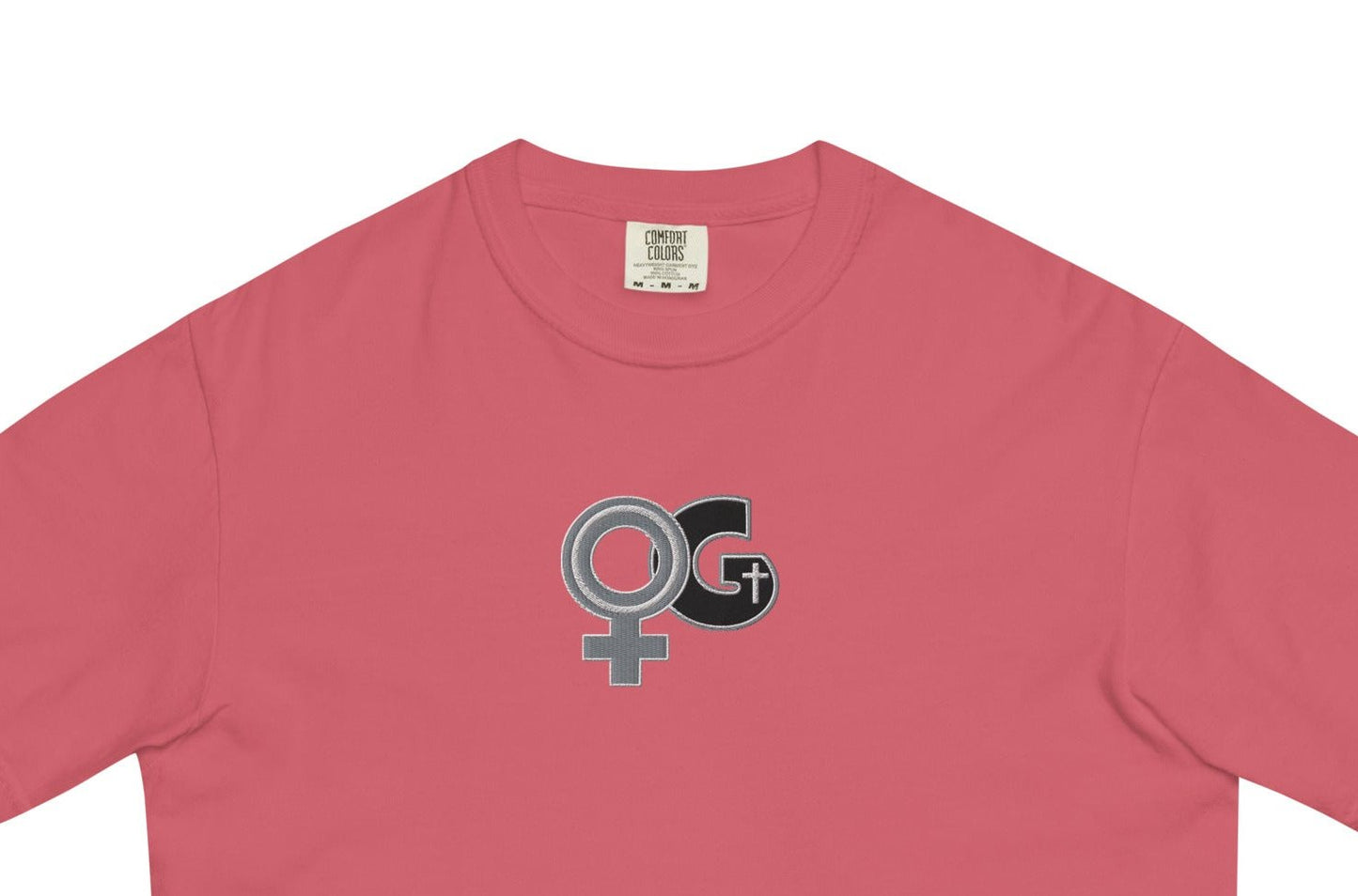 Front of watermelon t-shirt with embroidered black and grey Woman of God symbol