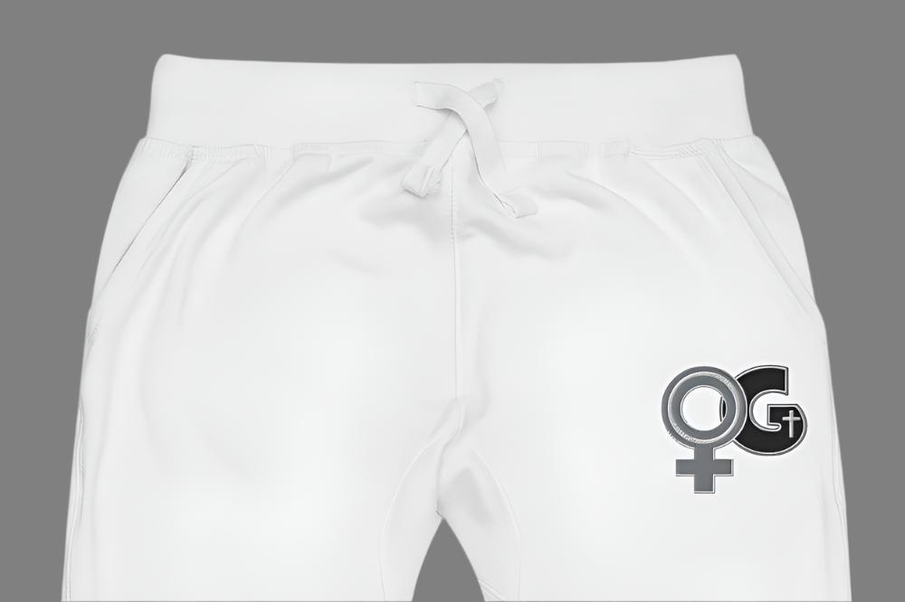 Front of white sweatpants with embroidered symbol for woman of God on front, left thigh