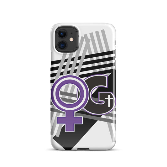 Front of iPhone snap case with white background, gray and black diagonal lines and image representing 'Woman of God' in purple and white and black