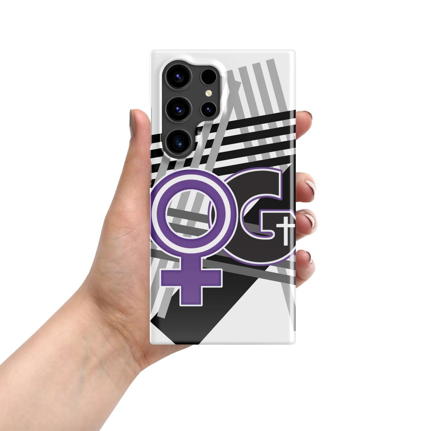 Front of Samsung snap case with white background, gray and black diagonal lines and representing 'Woman of God' in purple and white and black