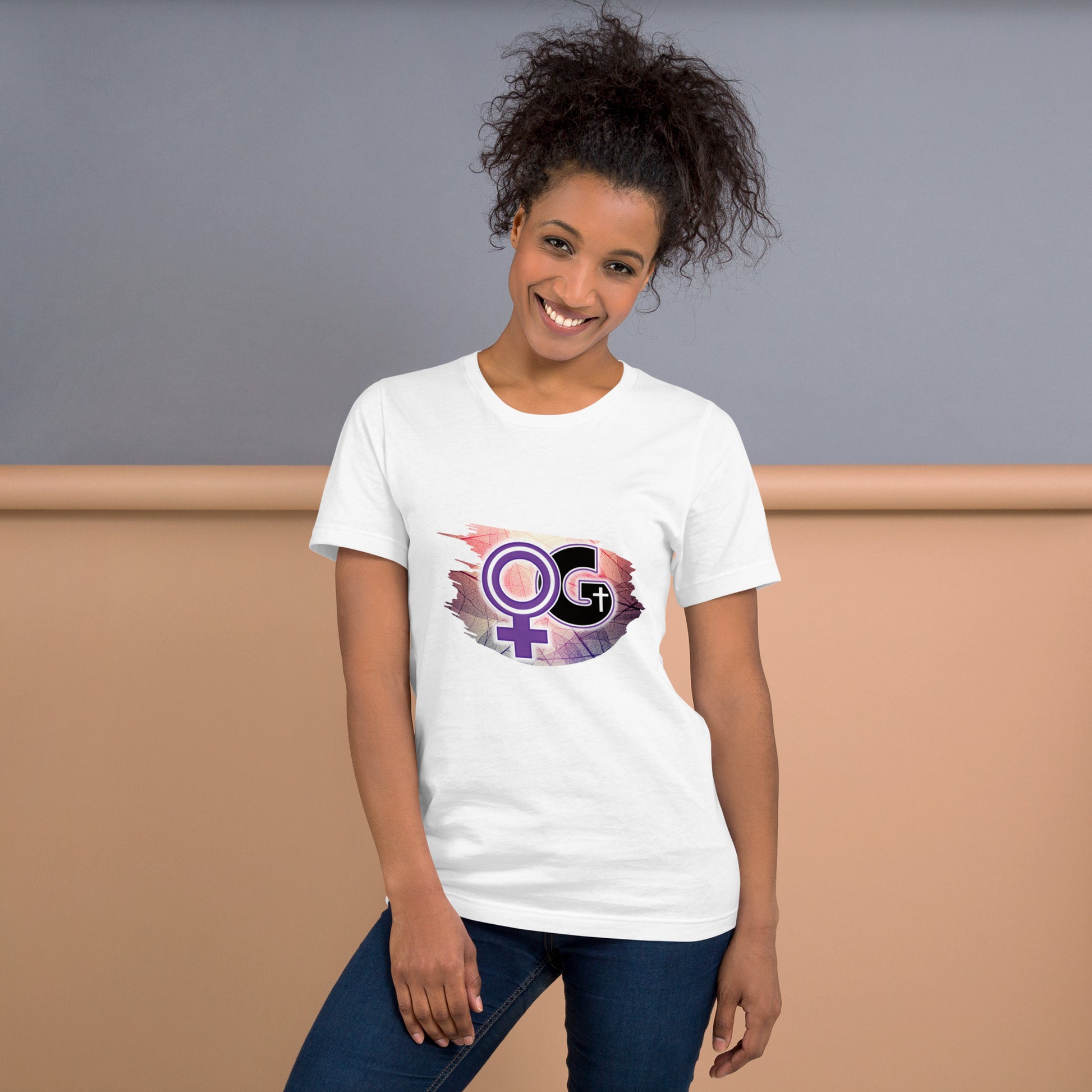 Front of white t-shirt with purple, pink, and black Woman of God symbol