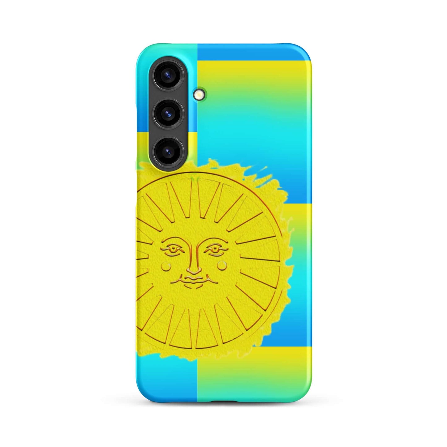 Front of Samsung phone case with sun and blue and yellow background