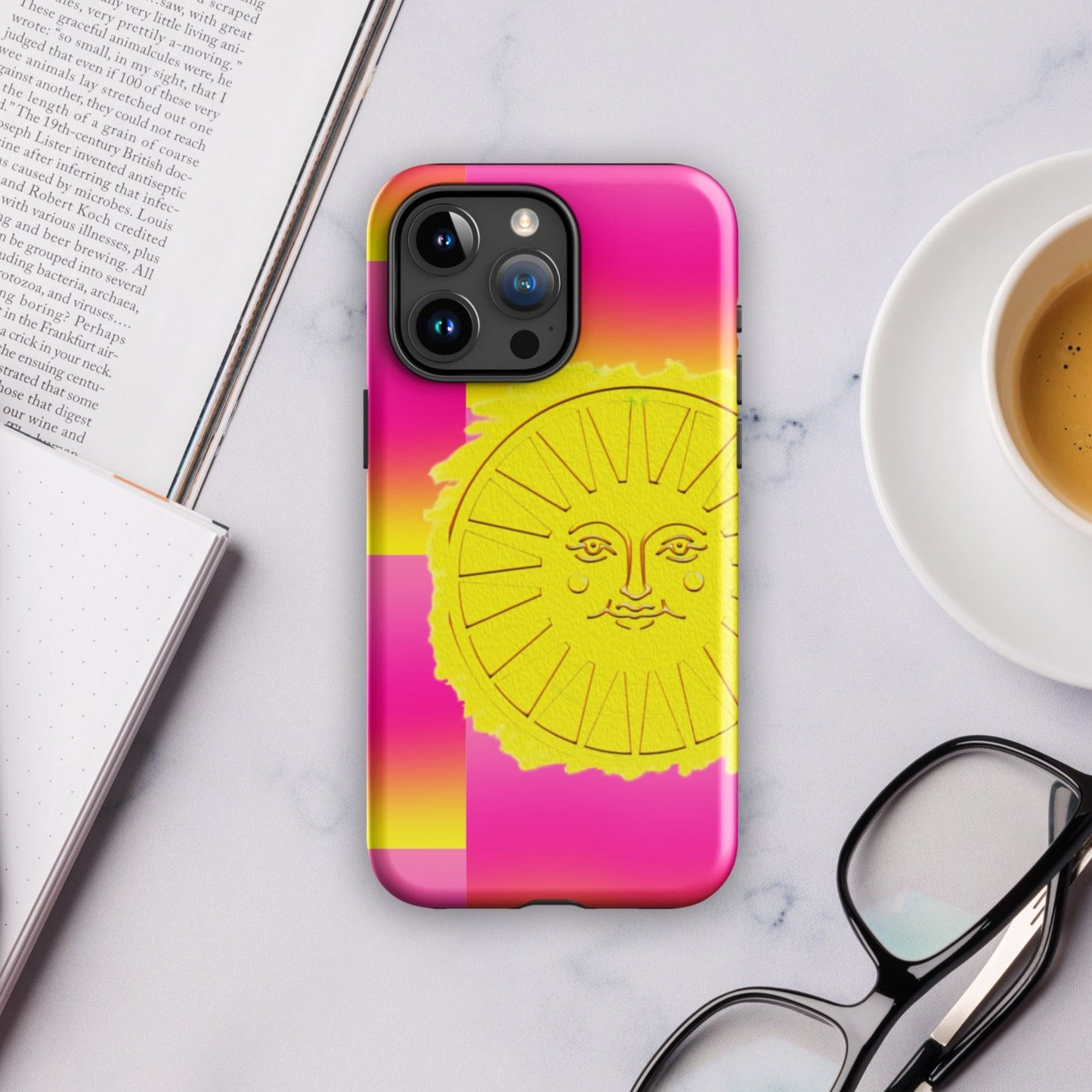 Front of Samsung phone case with sun and pink and yellow background