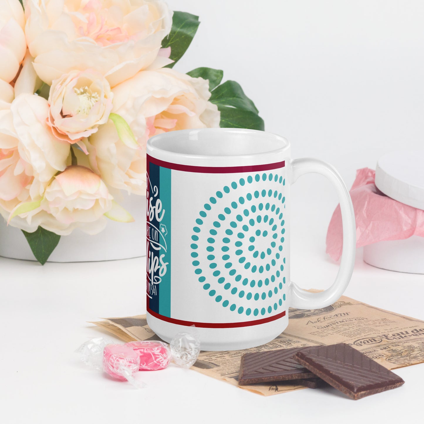 Right view of a 15 oz white glossy mug with blue swirls background and white text on front saying 'your praise' from Psalm 34