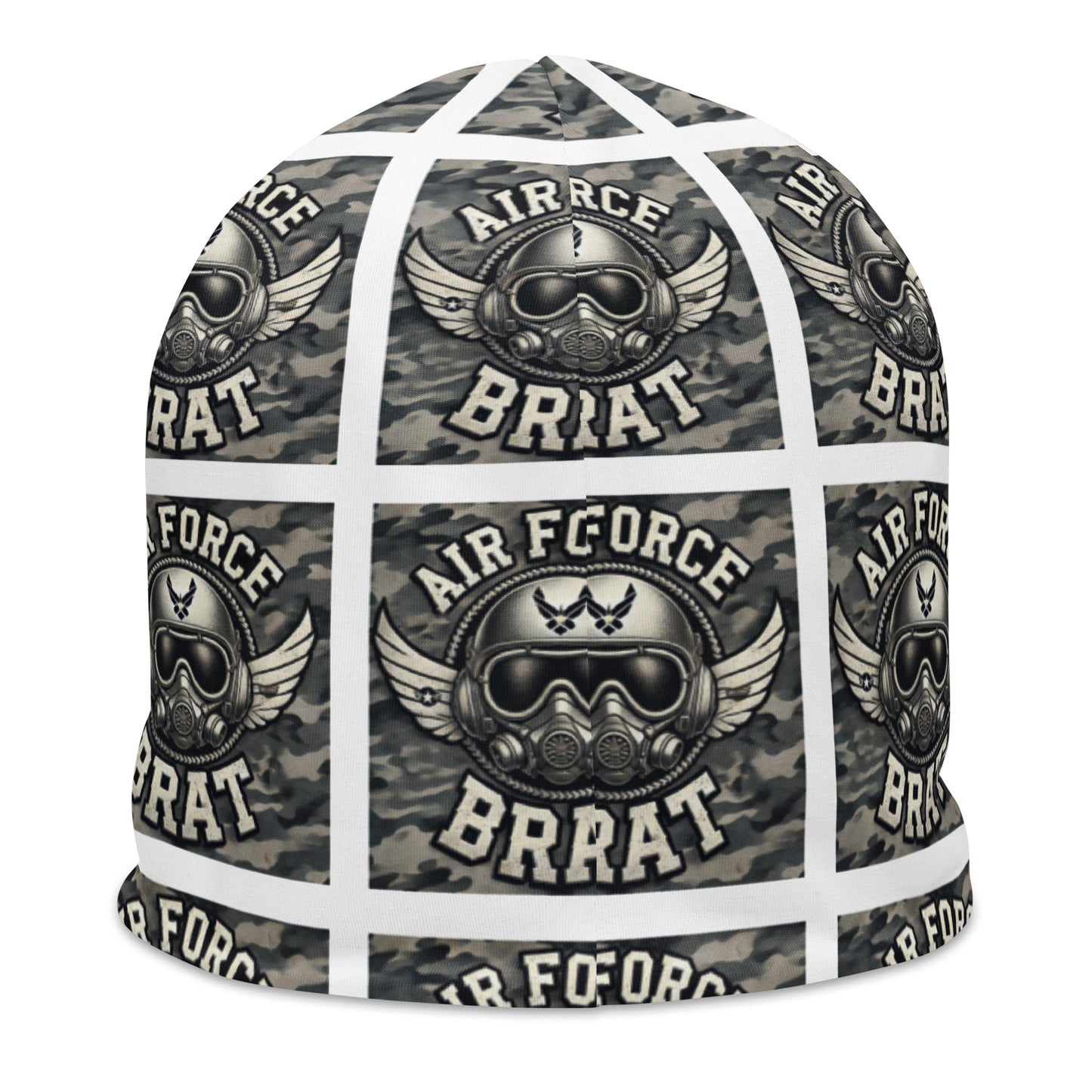 Back of youth beanie with baby helmet and words saying 'air force brat' in blue pattern
